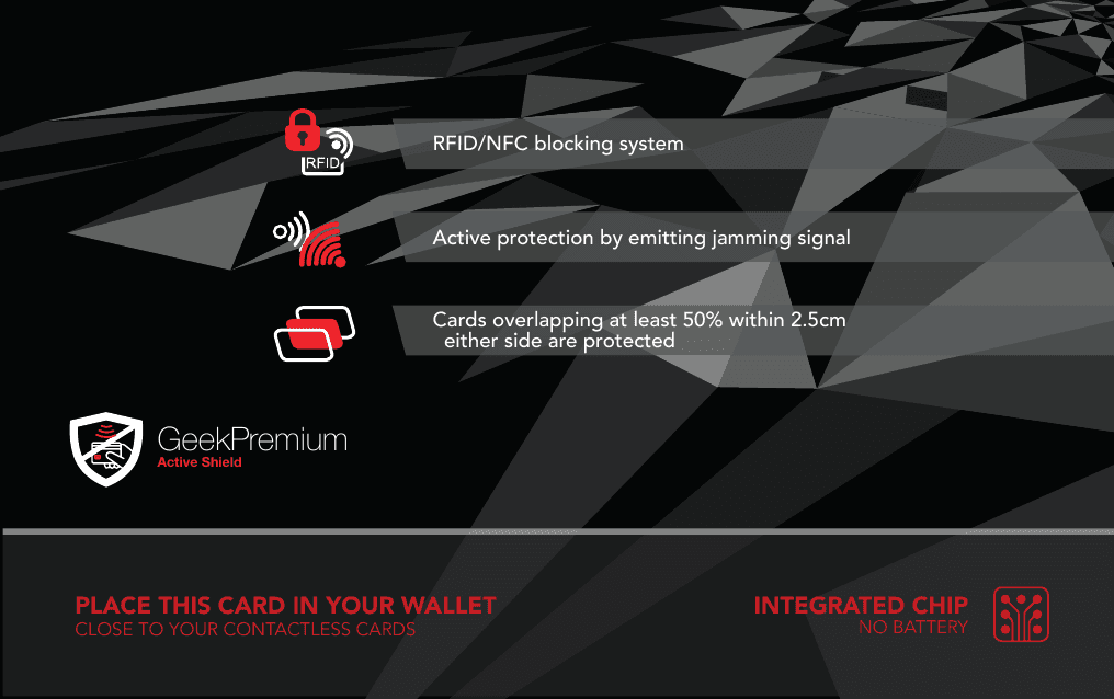 Détails techniques Active Shield : blocage RFID/NFC, brouillage actif, chevauchement d'au moins 50 % dans un rayon de 2,5 cm